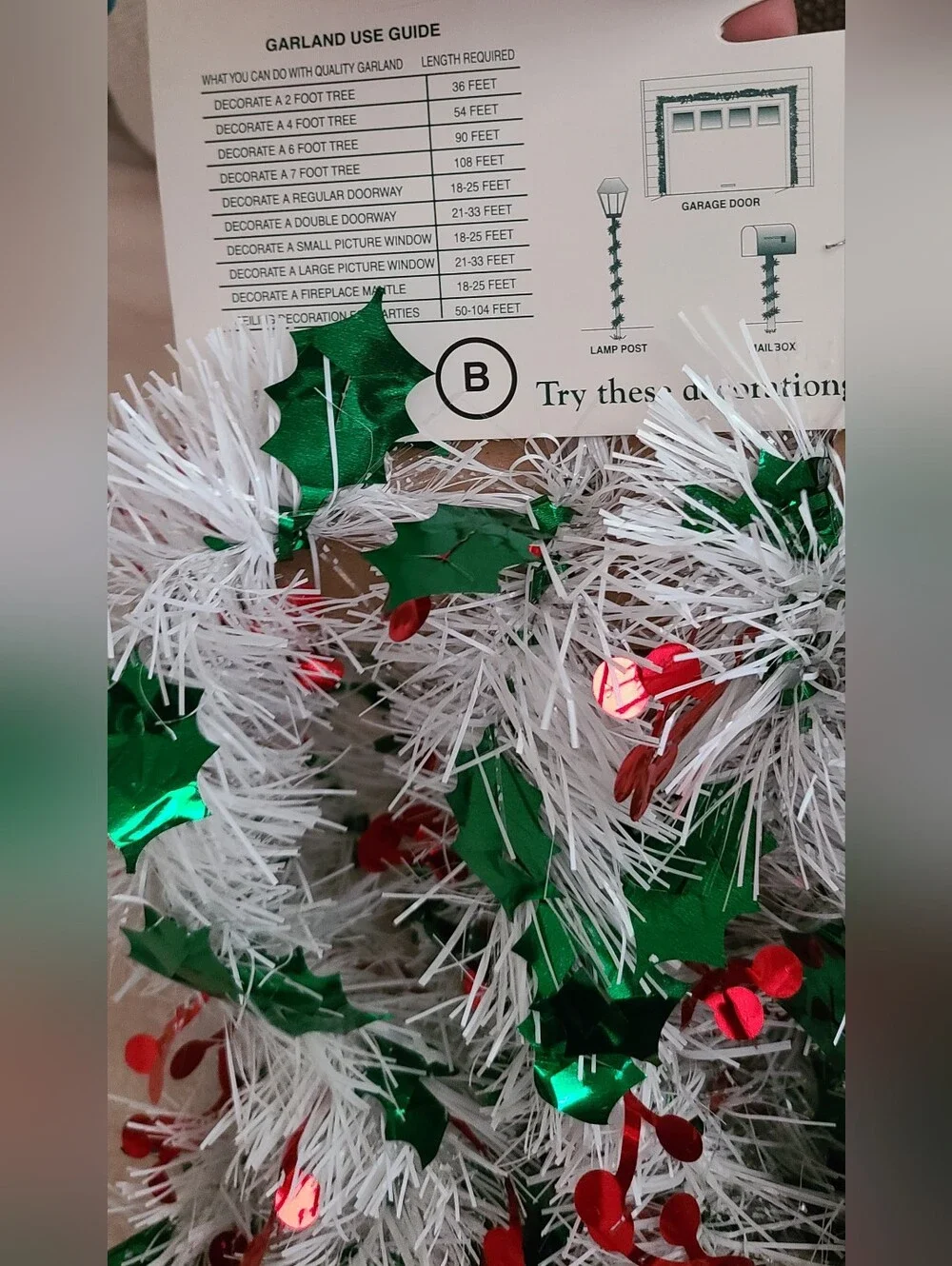White Tinsel Garland w/Green Leaves & Red Berries & Haliogram Snowflake Garland